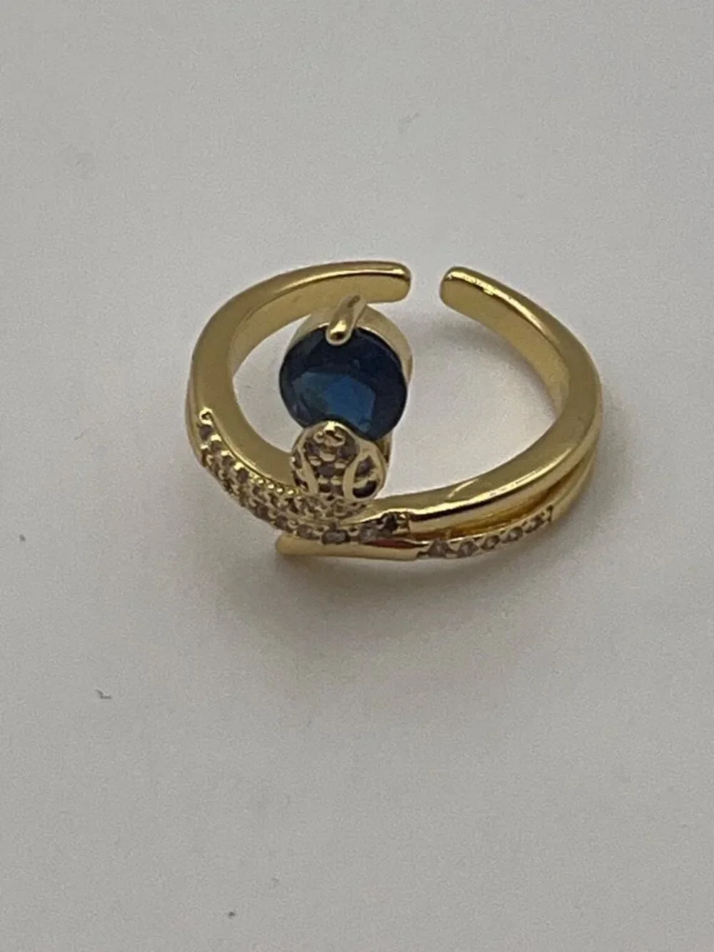 New Artisan Gold Filled Snake Adjustable Ring Blue Rhinestone in Mouth Whimsical
